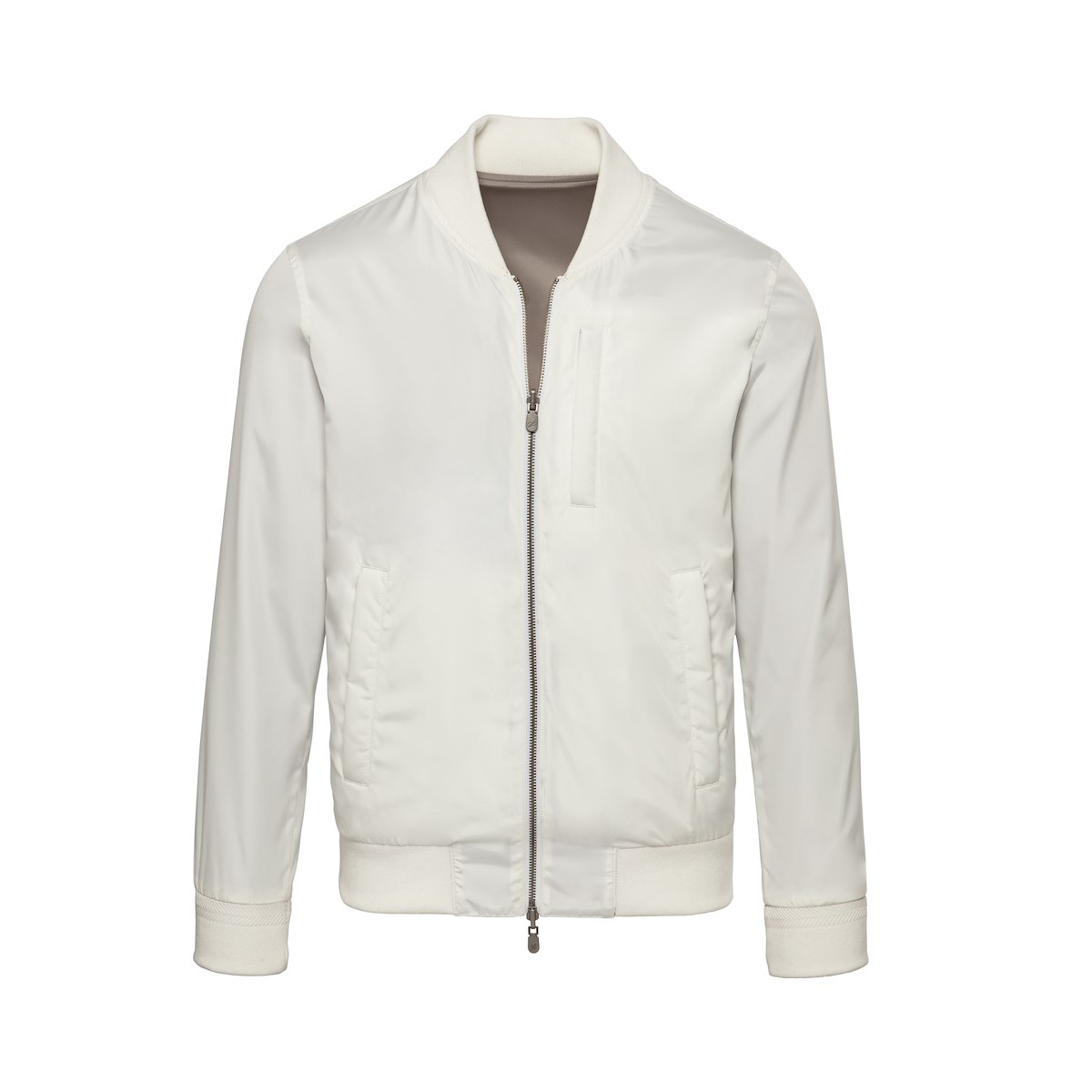 White Solid Brushed Polyester-Reversible Bomber Jacket | J.Hilburn