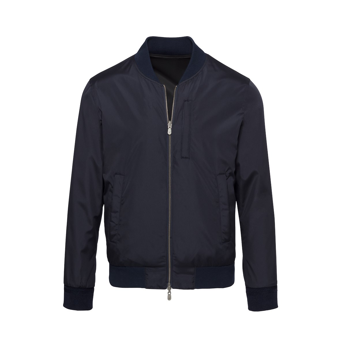 Navy Solid Brushed Polyester-Reversible Bomber Jacket | J.Hilburn