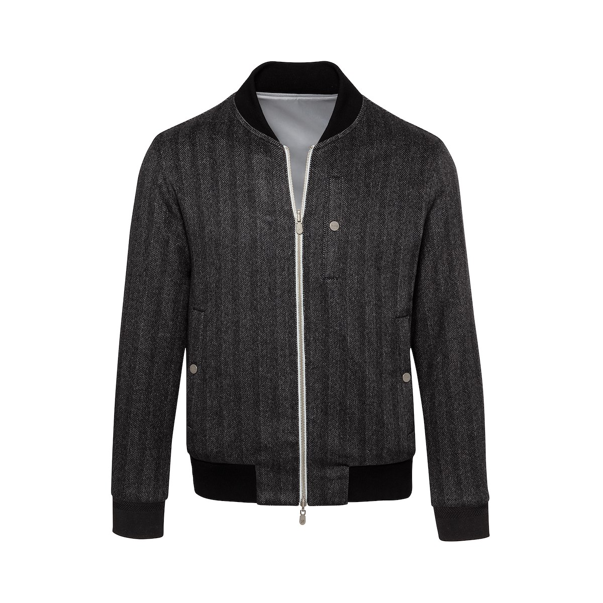 Black Grey Cashmere HerringboneReversible Bomber Jacket J.Hilburn